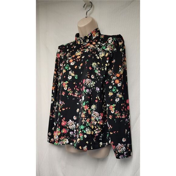 H&M Defined Shoulder Crew-Neck Long Sleeve Multicolor Black Floral Blouse Size L - Picture 3 of 10